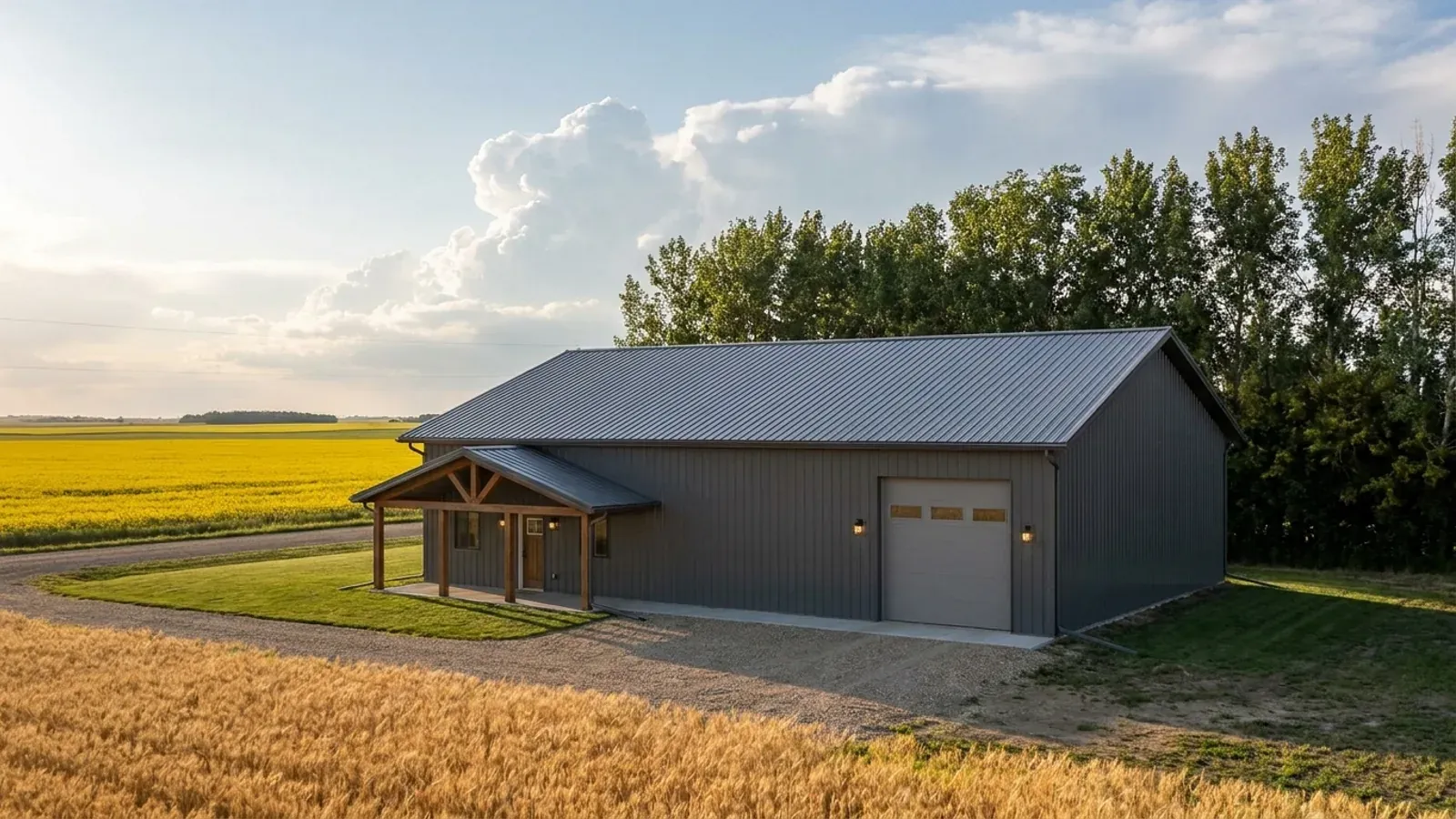 A completed 40x60 barndominium on open prairie, with a residential entry on one end and a wide shop door on the other under one continuous roof.