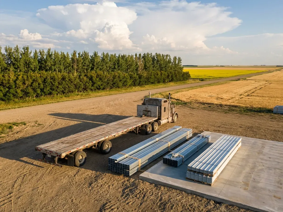 A flatbed truck delivering banded steel frame members and stacked metal roof panels to a prairie building site beside a finished concrete slab.