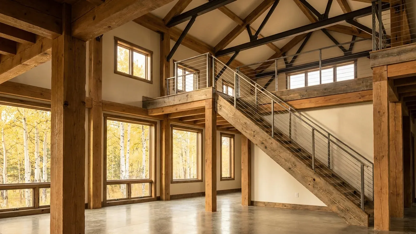 A barndominium great room with an open loft level and railing built over part of the room, reached by an open staircase.