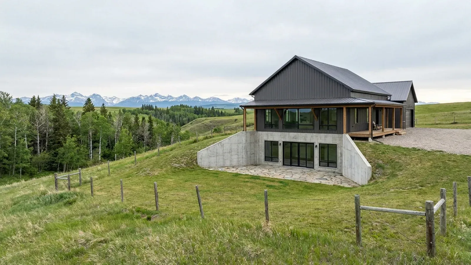 A barndominium with a walkout basement built into a sloping lot, the lower level opening onto a patio at grade, with spruce and aspen around it.