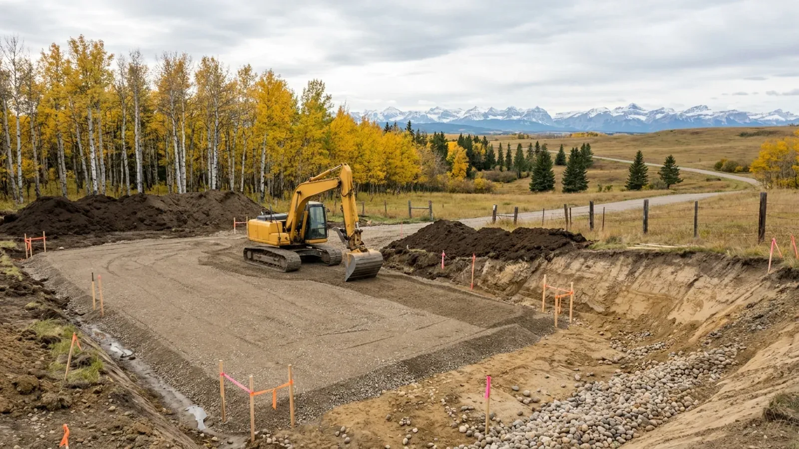 An excavator grading a compacted gravel building pad on a cleared acreage, with stripped topsoil, survey stakes and yellow autumn aspens behind.