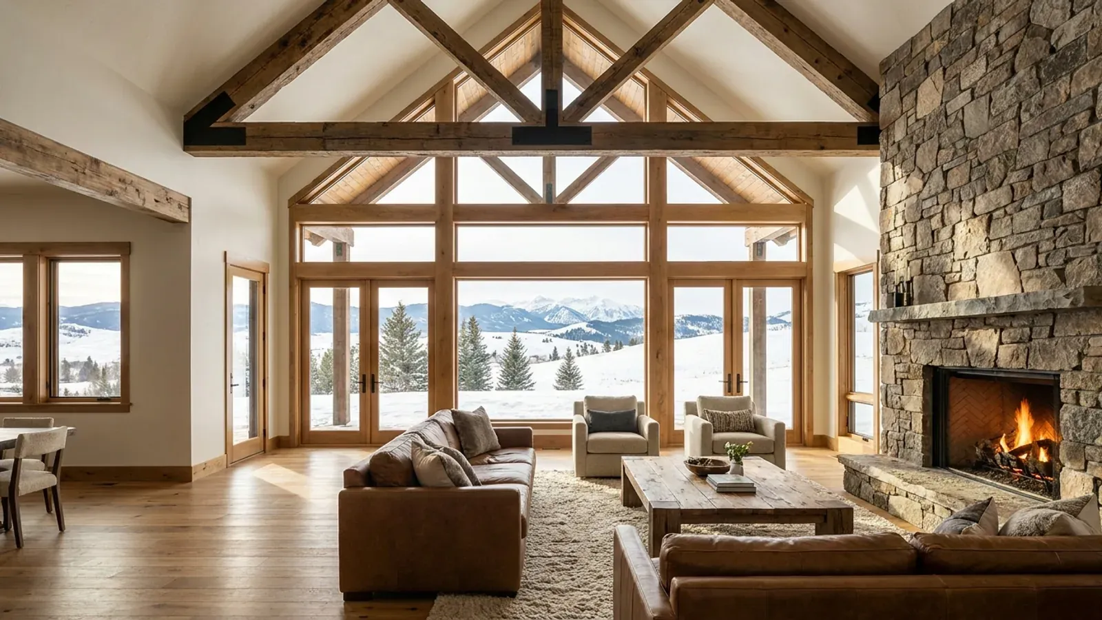 A vaulted barndominium great room with exposed wood trusses, a lit fieldstone fireplace and a wall of windows looking out over snowy foothills.