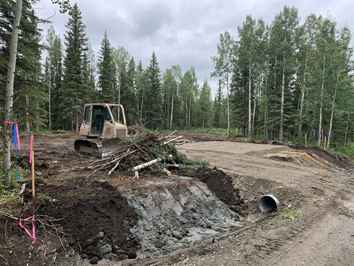 A dozer clearing brush on a forested acreage beside a compacted gravel building pad, with a culvert at the driveway approach and spruce and aspen around the clearing.